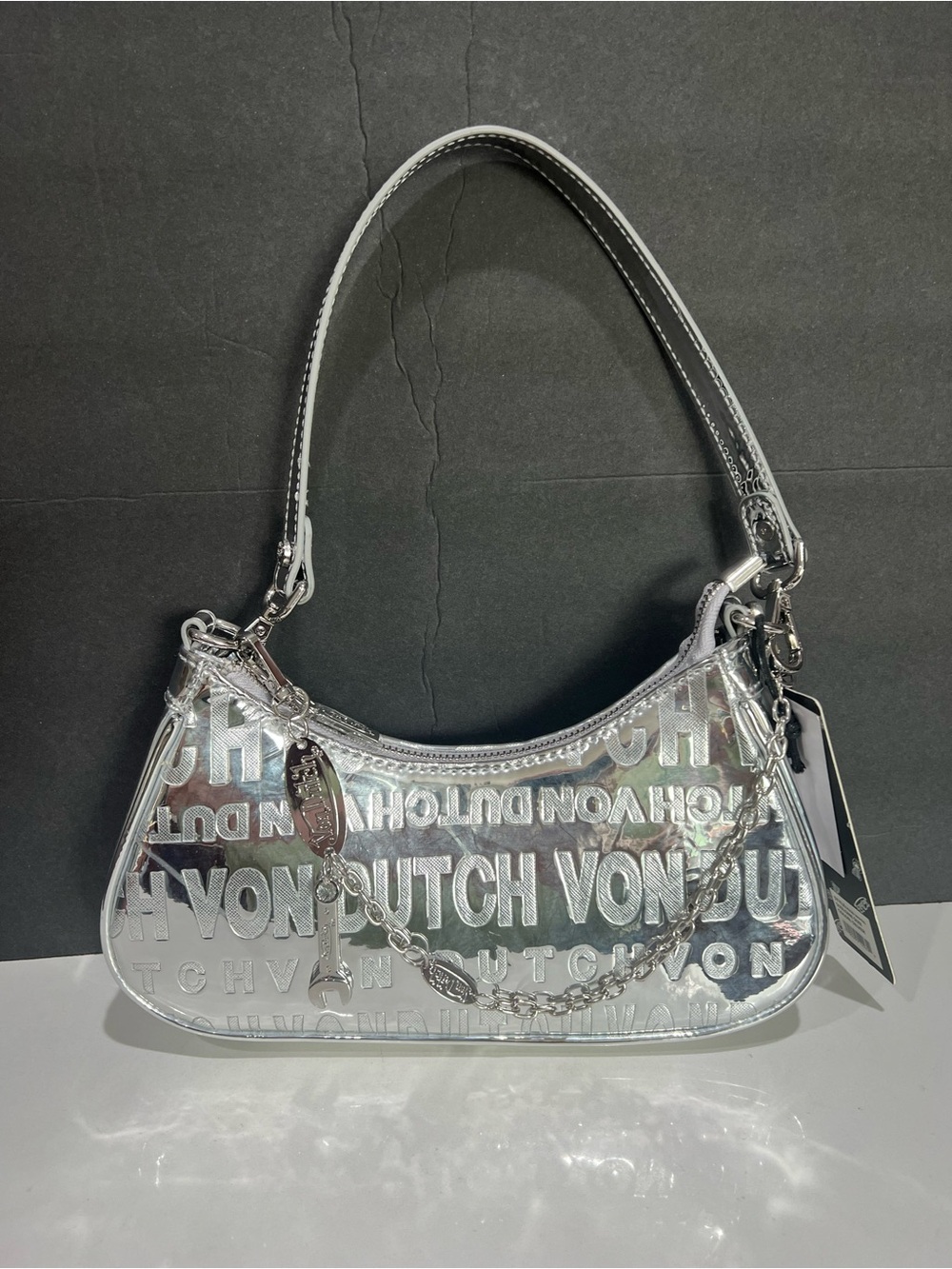 Von Dutch silver bag with chain detail and embossed logo New with tags